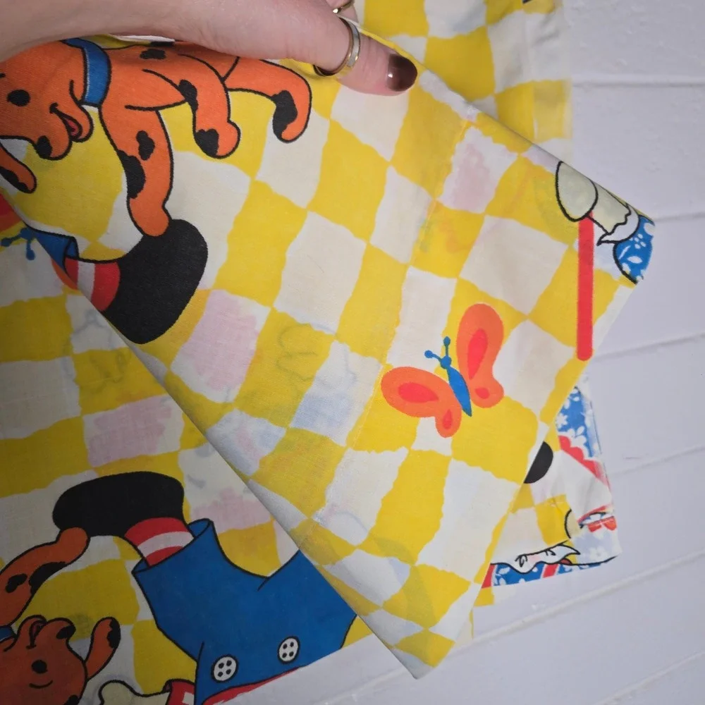 Vtg Bobbs-Merrill Raggedy Ann Andy Queen Flat Sheet Yellow Checkerboard 65x94